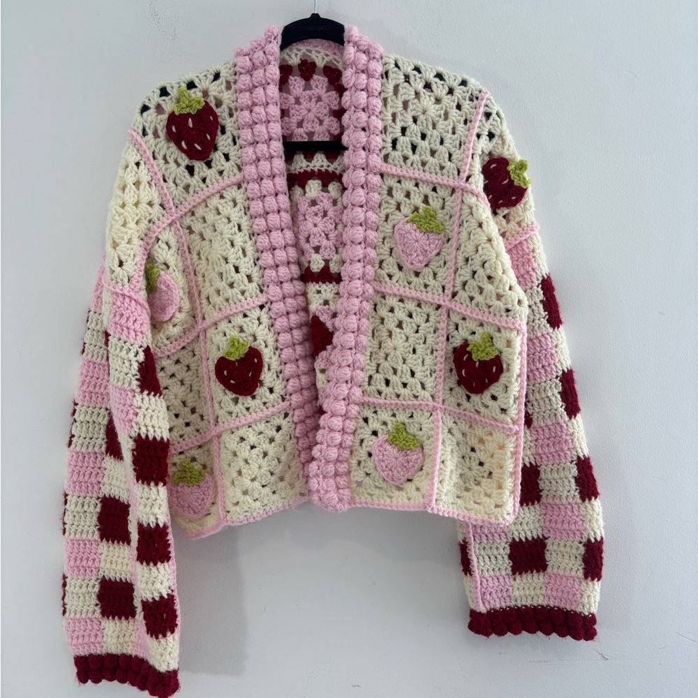 Handmade Crochet Strawberry Picnic Cardigan Checkerboard Pattern